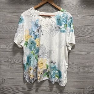 Alfred Dunner White Tunic Tee with Blue and Yellow Floral Butterfly Print